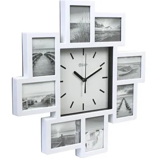 Miraval Design Bilderrahmenuhr Wanduhr mit 8 Bilderrahmen zum Individualisieren 350 mm lautlos kein Ticken Japanisches Quarzuhrwerk - Weiß