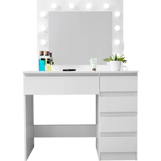 Aga-Schminktisch mit Spiegel, Beleuchtung und Steckdose in Weiß Hochglanz - Weiß