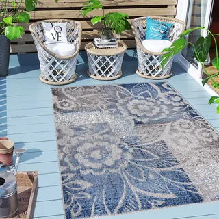 Carpeto Rugs Blumenmuster In- & Outdoor Teppich Wetterfest für Balkon, Terasse - Balkon Teppich Wasserfest - Outdoorteppich Wetterfest - Aussenteppich Terrasse Groß - Blau Grau 1 - 120 x 170 cm - Blau