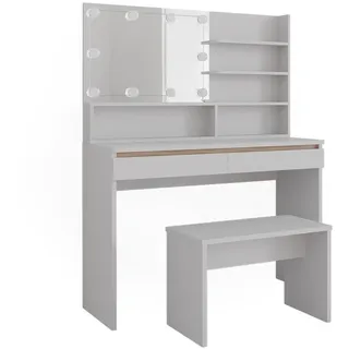 Vicco Schminktisch Emma Weiß 120 cm mit Spiegelregal, Bank & LED-Beleuchtung
