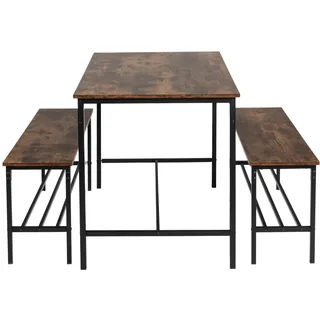 FurnitureR 3-teiliges Esszimmer Set, Esstisch mit 2-Bänken, Küche Dinette Tisch Frühstückstisch Möbel Set für 4 Personen, Küchentisch (110x70x74cm), 2 Bänke (100x30x45cm) Jede, Braun