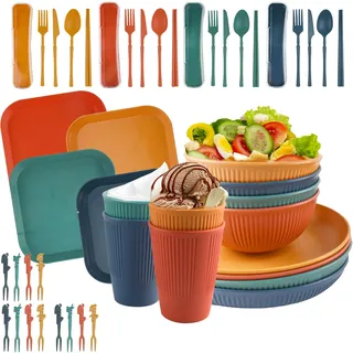 Hyacinthy Camping Geschirr Set 4 Personen, 48 Teiliges Campinggeschirr, Plastik Geschirr Set mit Tellerset Schüssel Becher Besteck, Wiederverwendbar Campingteller für Familienessen Camping Picknicks