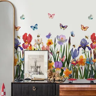 Wandblumen Wandkunst Aufkleber Wildblumen Schmetterlinge Wandsticker Mädchen Schlafzimmer Wohnzimmer Kinderzimmer Wanddekoration - Extra Große Größe - Hohe Qualität - Dekoration & Stimmungsaufheller
