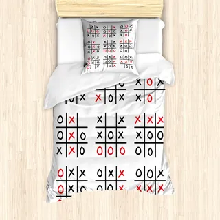ABAKUHAUS Xo Mantele, Tic Tac Toe-Spiel Set Art, Milbensicher Allergiker geeignet mit Kissenbezügen, 135 cm x 200 cm - 80 x 80 cm, Schwarz Weiß und Rot - Schwarz