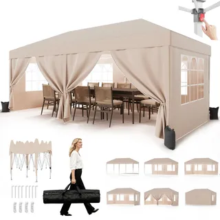 JUMMICO Pavillon 3x6 Wasserdicht Stabil Winterfest Höhe Verstellbar,Faltpavillon mit 6 Seitenwänden,Pavillion UV Schutz 50+,Gartenpavillon Faltzelt für Garten, Innenhof, Camping,Gazebo Beige