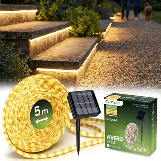 LUMILED LED Solar Streifen 5M 150 LEDs Warmweiß 3000k Strip Band IP44 Akku 1200 mAh, 8 Betriebsarten, Lichtband für Außen Garden, Wegbeleuchtung Seilleuchten, Hochzeit Garten Deko Terrasse Balkon - Schwarz