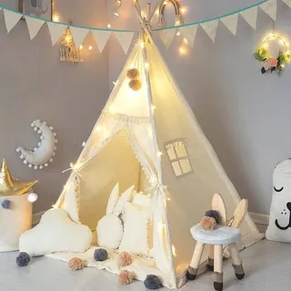 Kinderzelt im Tipi-Stil mit gepolstertem Matratzenunterlage, Banner und Wollknäuel – Beige-farbenes Baumwollzelt für die Kinderzimmerdekoration