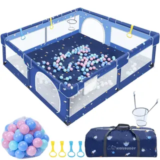 Verdego Laufstall Baby 150 x 180 x 66 cm, Laufgitter Baby, Laufstall Faltbar mit Zugringen, Bällen, 210D Oxford, Atmungsaktivem Netz, Sicherheitsspielplatz Schutzgitter für Kinder (Tiefblau)