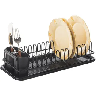Leadfun Abtropfgestell Geschirr klein, Geschirrabtropfgestell mit Abnehmbarer Haken und abtropfschale, Geschirr abtropfständer für Spüle, bis zu 12 Teller + Besteck, 41 x 17 x 10cm (schwarz)