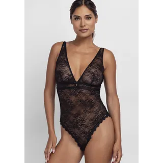 Body DORINA "Hasina", Damen, Gr. XS, N-Gr, schwarz, Spitze, Obermaterial: 88% Polyamid, 12% Elasthan, unifarben, tiefer V-Ausschnitt, Bodys Body, allover aus Spitze, mit Satin-Details