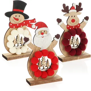 com-four® 3X Holz-Aufsteller für Weihnachten - Rentier, Weihnachtsmann und Schneemann aus Holz zum Hinstellen - Deko Holzfiguren Zierschmuck (Trio - dunkelrot/weiß/rot)