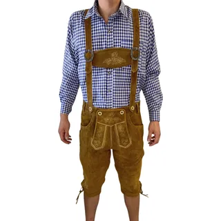 Premium Deluxe Lederhose Herren Tracht Kneelength Trachtenhose Herren Traditional Lederhose Mit Riemen für Herren Hose Mittelbraun, Größe: 58 Farbe: Hellbraun - Hellbraun