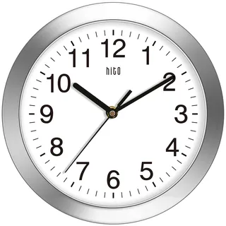 Hito, geräuschlose Wanduhr, batteriebetrieben, ohne Tickgeräusche, mit Glasabdeckung und silbernem Aluminiumrahmen, ideal für die Dekoration von Wohnzimmer, Küche, Schlafzimmer oder Heimbüro (25,4 cm)