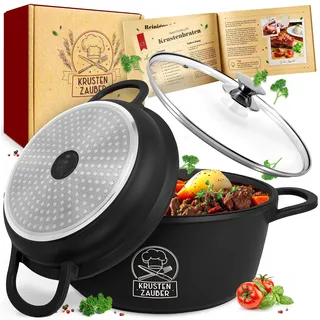 KRUSTENZAUBER 24cm Aluguss Bräter mit Deckel backofengeeignet [inkl. Glasdeckel] - 4L Aluminium Schmortopf & Bratpfanne - Idealer Bräter Induktion, Schmorpfanne, Bratentopf, Gussbräter, Kasserolle
