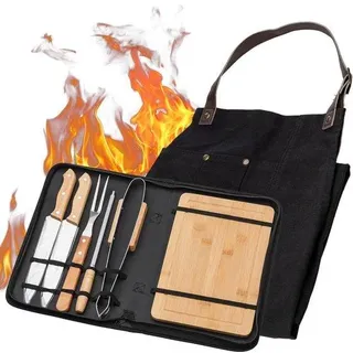 Grillmesser-Set aus Edelstahl - inkl. Grillspieß, Lederfutteral und Holzplatte - Camping- und Grillzubehör