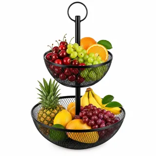 AiQInu 2-Stöckiger Obstständer 44 Cm, Metall Obstkorb mit Holzgriff, Schwarze Obstschale 2 Etagen, Dekorativer Obst-Organizer für Küche