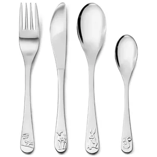 Zilverstad 4-teiliges Kinderbesteck in bunter Geschenkverpackung – silberfarben, spülmaschinenfest & aus Edeltstahl 304, Waldtiere im Relief, polierte Oberfläche