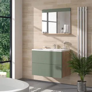 Vicco Badezimmerspiegel Izan, 80.1 x 62 cm mit Ablage, Goldkraft Eiche/Grün - Grün, Braun