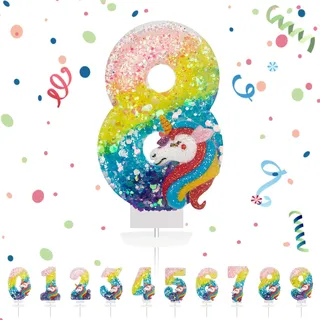 Geburtstagskerzen Zahlen 8,3D Regenbogen Einhorn Geburtstagskerzen,Kerzen Geburtstag Zahl 8, Kuchen Topper Dekoration Kuchendeko Geburtstag, Geburtstagskerzen für Geburtstagsdeko Mädchen Jungen