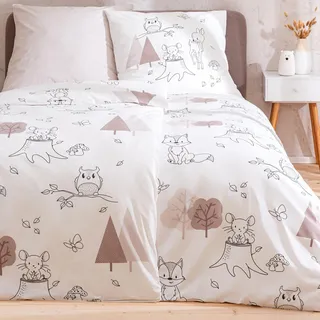 MTOnlinehandel Kinderbettwäsche 135x200 80x80 REH, Fuchs, Eule und Waldtiere - hochwertig & hautfreundlich - Bettwäsche für Mädchen, Jungen - 100% Baumwolle Herbst (Waldtiere)