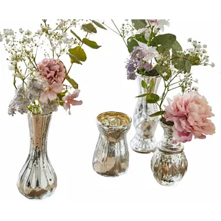 Loberon Deko-Vase 4er Set Maelie, antiksilber | Mundgeblasenes Glas mit Schliff, Nostalgischer Bauernsilber-Stil, Vier reizende Designs im Set
