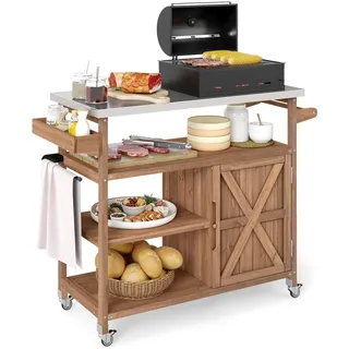Fantask Grillwagen Outdoor, Servierwagen mit Edelstahlplatte, Ablagen, Schrank & Gewürzregal auf Rollen für BBQ, 130 x 47 x 92 cm (2 Türen-130 x 47 x 92 cm), Braun