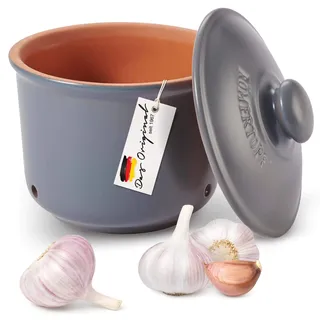 Römertopf Frische-Topf MINI 0,6 Liter - Knoblauchtopf Keramik - Atmungsaktiver Ton hält Gemüse länger Frisch - Ideale Luftzirkulation - Blau-Grau