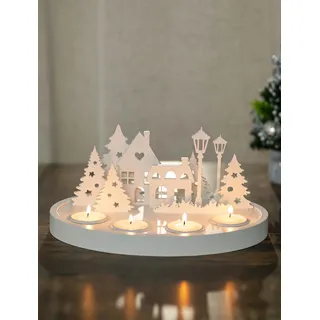 NUPTIO Adventskranz Holz Teelichter Modern: Adventsgesteck Tisch Weihnachten Deko Rund Weihnachtskranz Teelichthalter Adventsdeko Weiß Weihnachtsdorf Haus Kerzenhalter Skandinavisch, 27 x 20 x 12.5cm