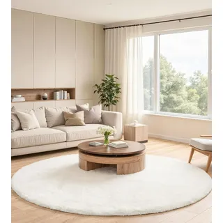 ROHATIM Teppich Rund 90 cm Creme, Flauschiger Kunstfell Teppich in Kaninchenfell-Optik, Ultraweich & rutschfest, Waschbares Deko-Fell für Wohnzimmer und Schlafzimmer