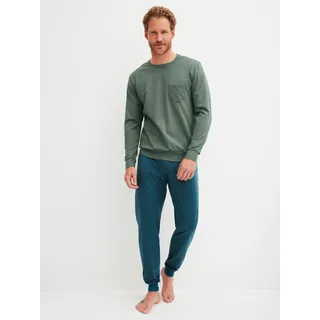 Schlafanzug CALIDA "Relax Imprint 1", Damen, Gr. XXL (58/60), laurel grün, Single Jersey, Obermaterial: 100% Baumwolle, bequem lang, Rundhals, angesetztes Bündchen, Homewear-Sets Schlafanzug, aus weicher Single-Jersey-Qualität, mit langem Arm, Rundhalsausschnitt