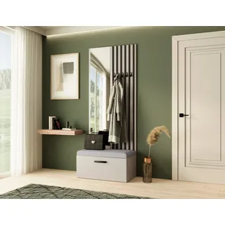 Garderobe MARGARET II , Farbe: Kaschmir + Schwarze Lamellen + Grau, mit Spiegel - Beige, Schwarz, Grau