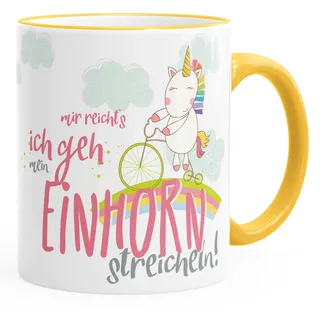 MoonWorks Tasse Einhorn auf Fahrrad Mir reichts ich geh mein Einhorn streicheln Spruch Tasse mit Farbkante gelb unisize