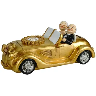 Kremers Schatzkiste XXL Spardose Goldhochzeit 50 Jahre Gold-Paar im Oldtimer 21cm - Handbemalte Polyresin Spardose - Geldgeschenk zur Goldenen - Hochzeit Jubiläums-Deko