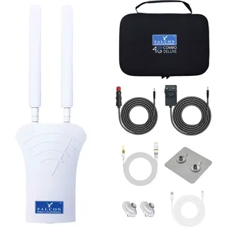 Falcon Mobiler WLAN Router 4G Combo Deluxe WiFi LTE Antenne mit 150Mbits und Zubehörpaket für mobiles Internet im Caravan I Wohnmobil I Van I Auto I Internet Hotspot WiFi WLAN Router ohne SIM Karte