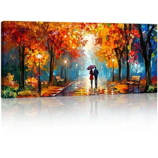 Groß Leinwandbilder Bilder Mit Rahmen, Orange Rot Herbst Park bild auf leinwand Wandkunst Modern Wandbilder Kunstdruck Gemälde Deko für Wohnzimmer Schlafzimmer, fertig zum Aufhängen 50×120cm