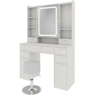 Vicco Schminktisch Solea Weiß 105 cm mit LED-Spiegel und Hocker , Holzwerkstoff , 7 Schubladen , Rechteckig , 105x156x40 cm , Schlafzimmer, Schminktische