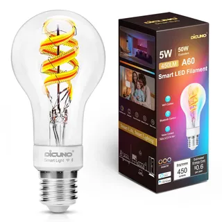 DiCUNO Smart vintage Glühbirne E27, 5W Filament A60 Edison, LED intelligente Birne 450lm, RGBCCT Dimmbar 2700-6500K, via APP steuerbar, kompatibel mit Alexa, Echo Dot, Google Home, 230V, 1er-Pack