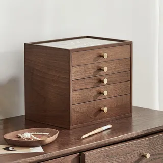 Homruilink Großer Schwarzer Schmuckkasten Walnussholz, 5-lagig, mit Schublade, Holz Schmuckbox mit Glasdeckel für Halsketten, Uhren, Ringe, Ohrringe, Aufbewahrung–Geschenk für Frauen