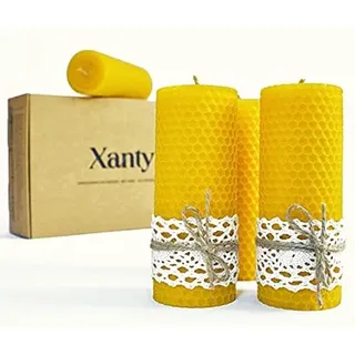 Xanty Bienenwachskerzen (13 cm x 5 cm), 4 Große goldene Kerzen aus 100% Bienenwachs, Wabenkerzen, Stumpenkerzen, 10 Stunden/Kerze Brenndauer, Gold-Gelb Adventskerzen