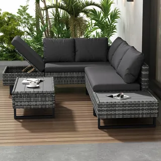 Merax Polyrattan Lounge Gartenlounge Set 4-5 Personen, 3-tlg. Gartenmöbel set mit verstellbarem Ecksofa und Tisch, Terassenmöbel Balkonset Sitzgruppe - Grau