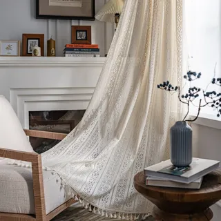 Tospass Vintage Landhausstil Häkeln Stricken Vorhang Boho Bohemien Vorhänge Aushöhlen mit Quaste 2er Set Gardinen Outdoor Baumwolle Gardienen für Wohnzimmer Schlafzimmer Curtains 150x260 cm Beige