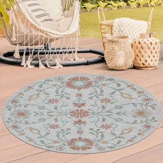Outdoor-Teppich Blumenmuster Wohnzimmer Terrasse creme, multi Größe - 120 cm Rund - Creme, Bunt