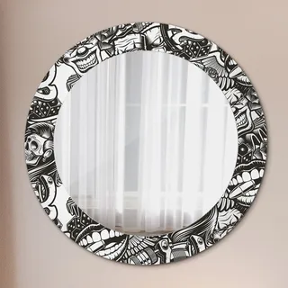 Ø60cm Spiegel - Glasrahmen mit Aufdruck - Wandspiegel Schlafzimmer - Boho Musterung - Grau
