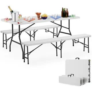 CASARIA CASARIA® Bierzeltgarnitur 180 cm Klappbar Kunststoff 2x Bierbank 1x Breiter Tisch Biertischgarnitur Festzeltgarnitur Biergarnitur Campingtisch Weiß - Weiß