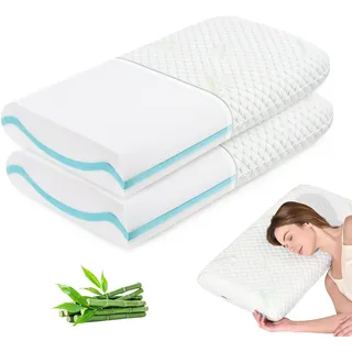Waxberry 2er Set Gel Memory Foam Kissen 40x80x8 cm, zweiseitiges Kopfkissen in weich & fest, ergonomisches Nackenkissen mit waschbarem Bambusfaser-Bezug, Visco Kissen, Oeko-TEX Zertifiziert