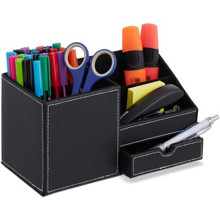 Relaxdays Schreibtisch Organizer, Büroorganizer, 3 Fächer & Schublade, HBT: 12x22,5x11 cm, Stiftehalter, schwarz/weiß, Kunststoff, Baumwolle, Papier