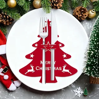 Meetory Besteckhalter Weihnachten Filz, 12 Stück Tischdeko Weihnachten Bestecktasche Rot Tannenbaum Besteckbeutel mit 24 Rutschfeste Unterlagen, Besteck Taschen Weihnachtsdeko für Party