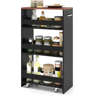 COSTWAY Nischenwagen 25cm breit, 4 Etagen Küchenwagen schmal, Nischenregal auf Rollen, Servierwagen mit Griff & Geländern, Badregal Holz - Schwarz, Braun