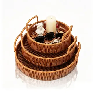 Mulaibdin 3 STK Rattan Deko Tablett Rund, Tablett Geflochten mit Griff, Serviertablett Seegras Couchtisch Deko, Natur Korbtablett für Brot,Obst,Kerzen, Aufbewahrungstablett für Küche,Wohnzimmer