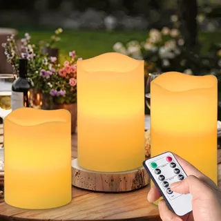 Auralome Led Kerzen mit Fernbedienung - Led Echtwachskerzen D8 cm Outdoor Elektrische Kerze Flackernde Flamme Stumpenkerzen mit Timerfunktion Kerze Flammenlose für Dekoration Elfenbeinweiß 3er-Set